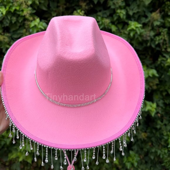 Pink Diamond Fringe Cowboy /Cowgirl Hat,Rhinestone Fringe Double rhinestone band - Picture 3 of 10